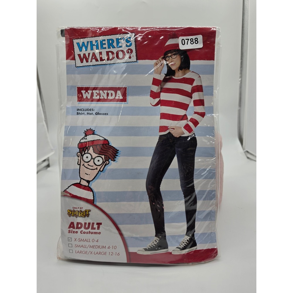 Spirit Halloween Wheres Waldo Wenda Costume Adult XS 0-4 Shirt Hat Glasses
